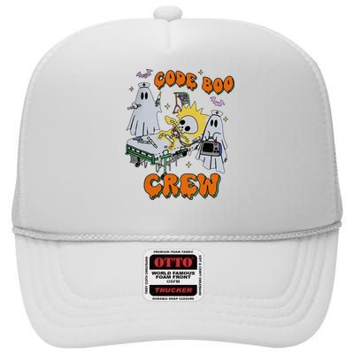 Code Boo Crew Funny Ghost Nurse Halloween Costume High Crown Mesh Back Trucker Hat