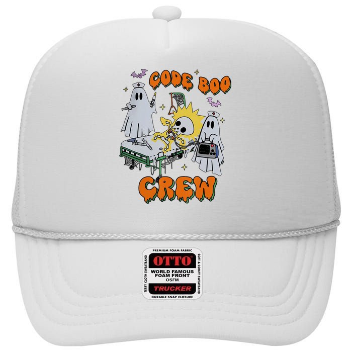 Code Boo Crew Funny Ghost Nurse Halloween Costume High Crown Mesh Back Trucker Hat