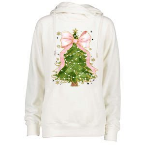 Coquette Bow Christmas Tree Xmas Holiday Girly Outfit Womens Funnel Neck Pullover Hood