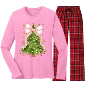 Coquette Bow Christmas Tree Xmas Holiday Girly Outfit Women's Long Sleeve Flannel Pajama Set 