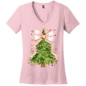 Coquette Bow Christmas Tree Xmas Holiday Girly Outfit Women's V-Neck T-Shirt