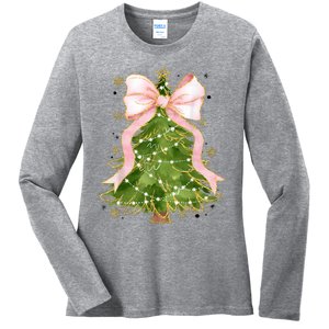 Coquette Bow Christmas Tree Xmas Holiday Girly Outfit Ladies Long Sleeve Shirt