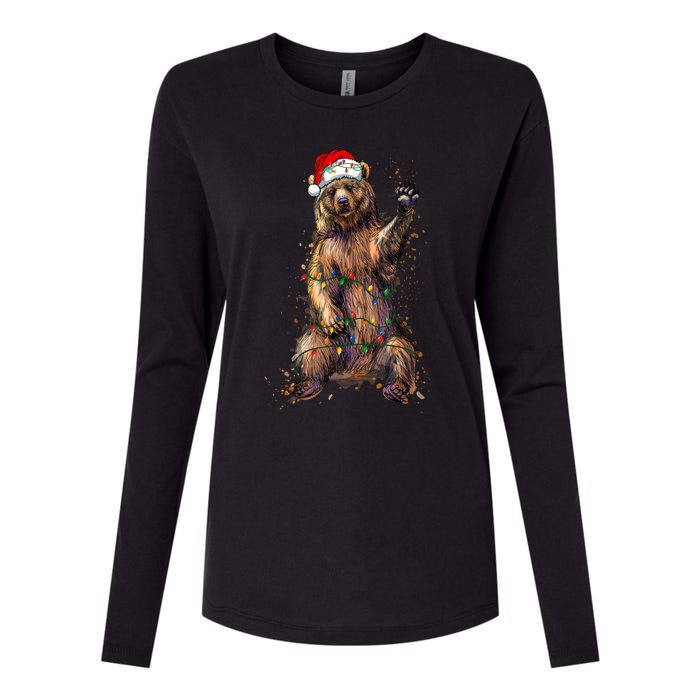 Cute Bear Christmas Lights Santa Hat Merry Christmas Womens Cotton Relaxed Long Sleeve T-Shirt