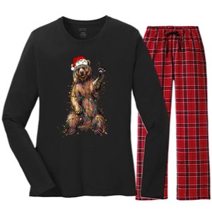 Cute Bear Christmas Lights Santa Hat Merry Christmas Women's Long Sleeve Flannel Pajama Set 