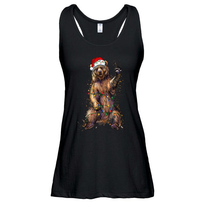 Cute Bear Christmas Lights Santa Hat Merry Christmas Ladies Essential Flowy Tank