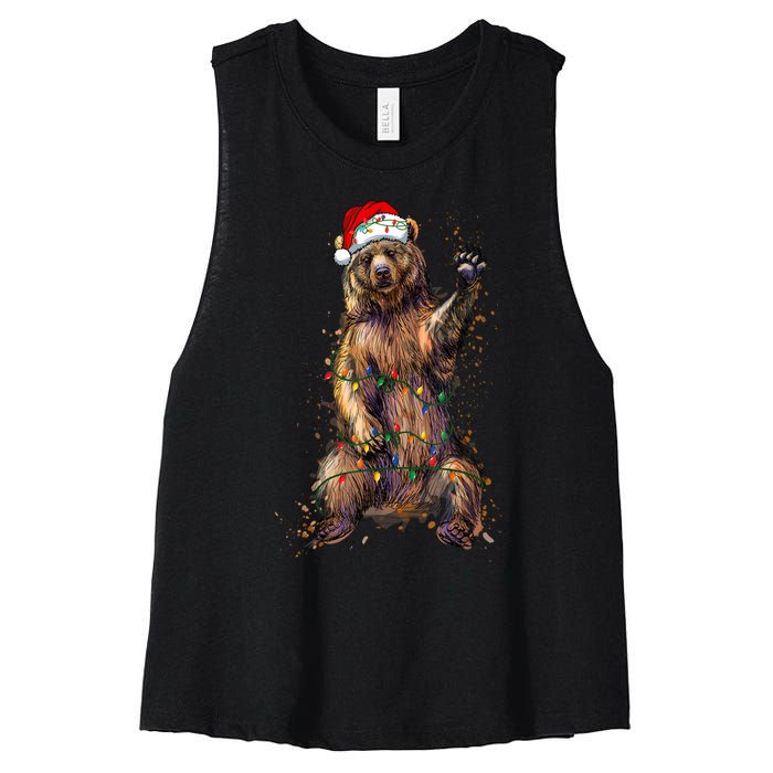 Cute Bear Christmas Lights Santa Hat Merry Christmas Women's Racerback Cropped Tank