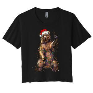 Cute Bear Christmas Lights Santa Hat Merry Christmas Women's Crop Top Tee