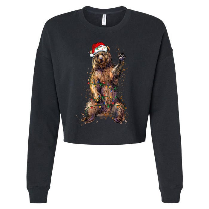 Cute Bear Christmas Lights Santa Hat Merry Christmas Cropped Pullover Crew