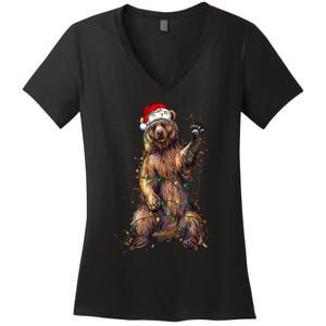 Cute Bear Christmas Lights Santa Hat Merry Christmas Women's V-Neck T-Shirt