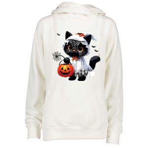 Cute Black Cats In Ghost Costume Halloween Womens Funnel Neck Pullover Hood