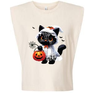 Cute Black Cats In Ghost Costume Halloween Garment-Dyed Women's Muscle Tee