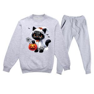 Cute Black Cats In Ghost Costume Halloween Premium Crewneck Sweatsuit Set