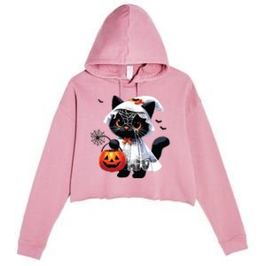 Cute Black Cats In Ghost Costume Halloween Crop Fleece Hoodie