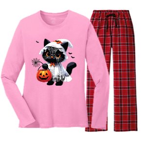 Cute Black Cats In Ghost Costume Halloween Women's Long Sleeve Flannel Pajama Set 