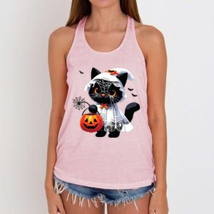 Cute Black Cats In Ghost Costume Halloween Women's Knotted Racerback Tank