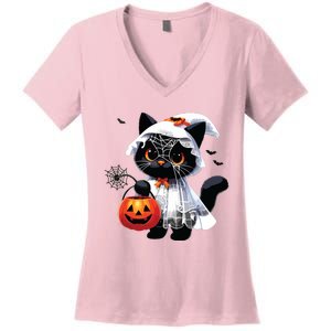 Cute Black Cats In Ghost Costume Halloween Women's V-Neck T-Shirt