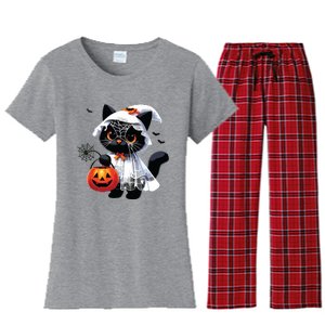 Cute Black Cats In Ghost Costume Halloween Women's Flannel Pajama Set