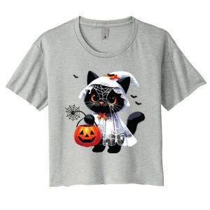 Cute Black Cats In Ghost Costume Halloween Women's Crop Top Tee