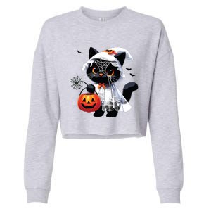 Cute Black Cats In Ghost Costume Halloween Cropped Pullover Crew