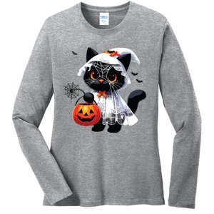 Cute Black Cats In Ghost Costume Halloween Ladies Long Sleeve Shirt