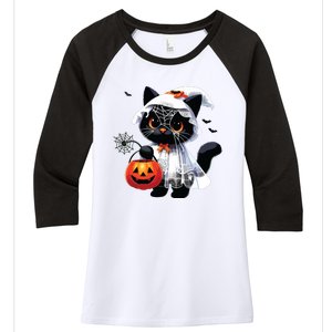 Cute Black Cats In Ghost Costume Halloween Women's Tri-Blend 3/4-Sleeve Raglan Shirt