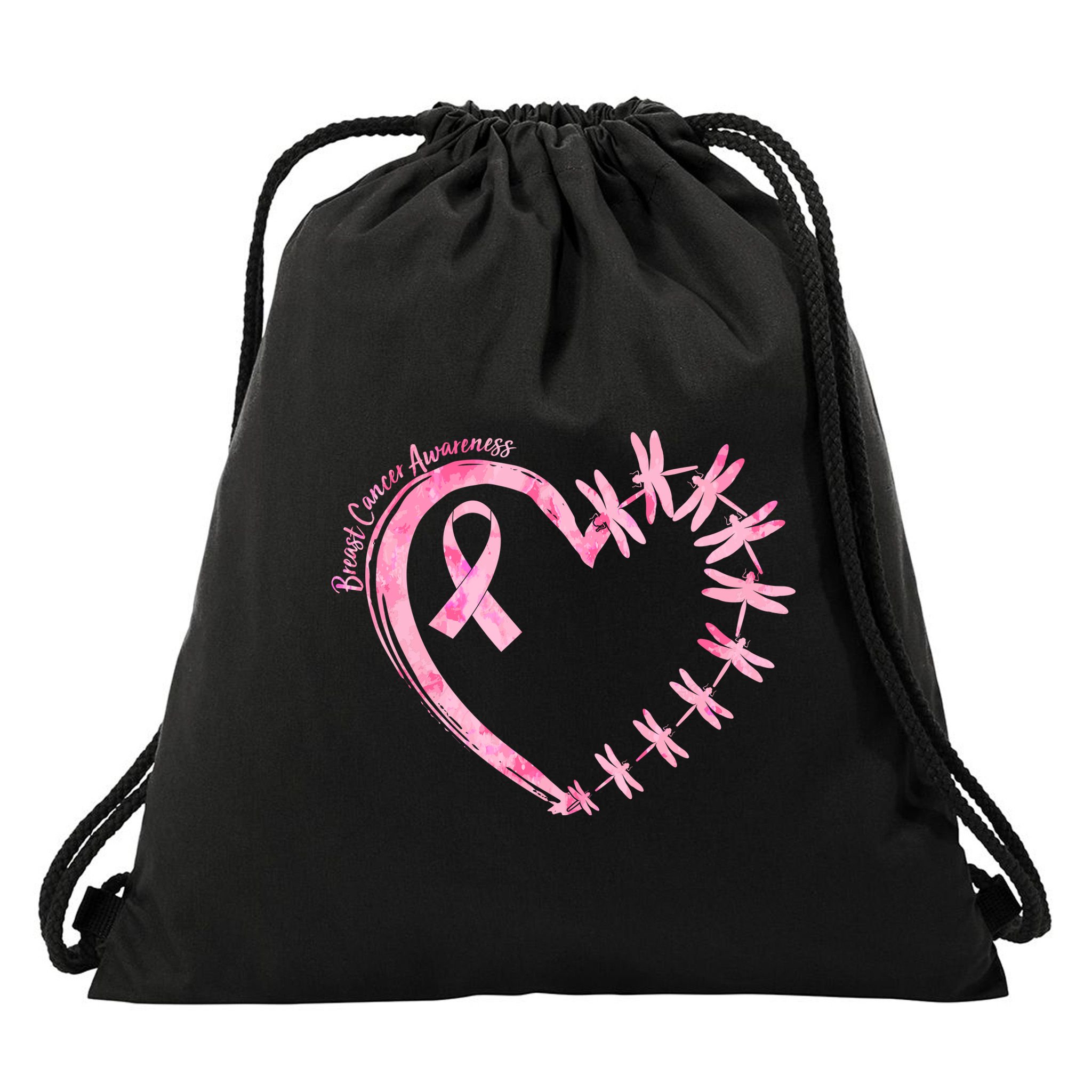 Cute Breast Cancer Awareness Dragonfly Heart Drawstring Bag