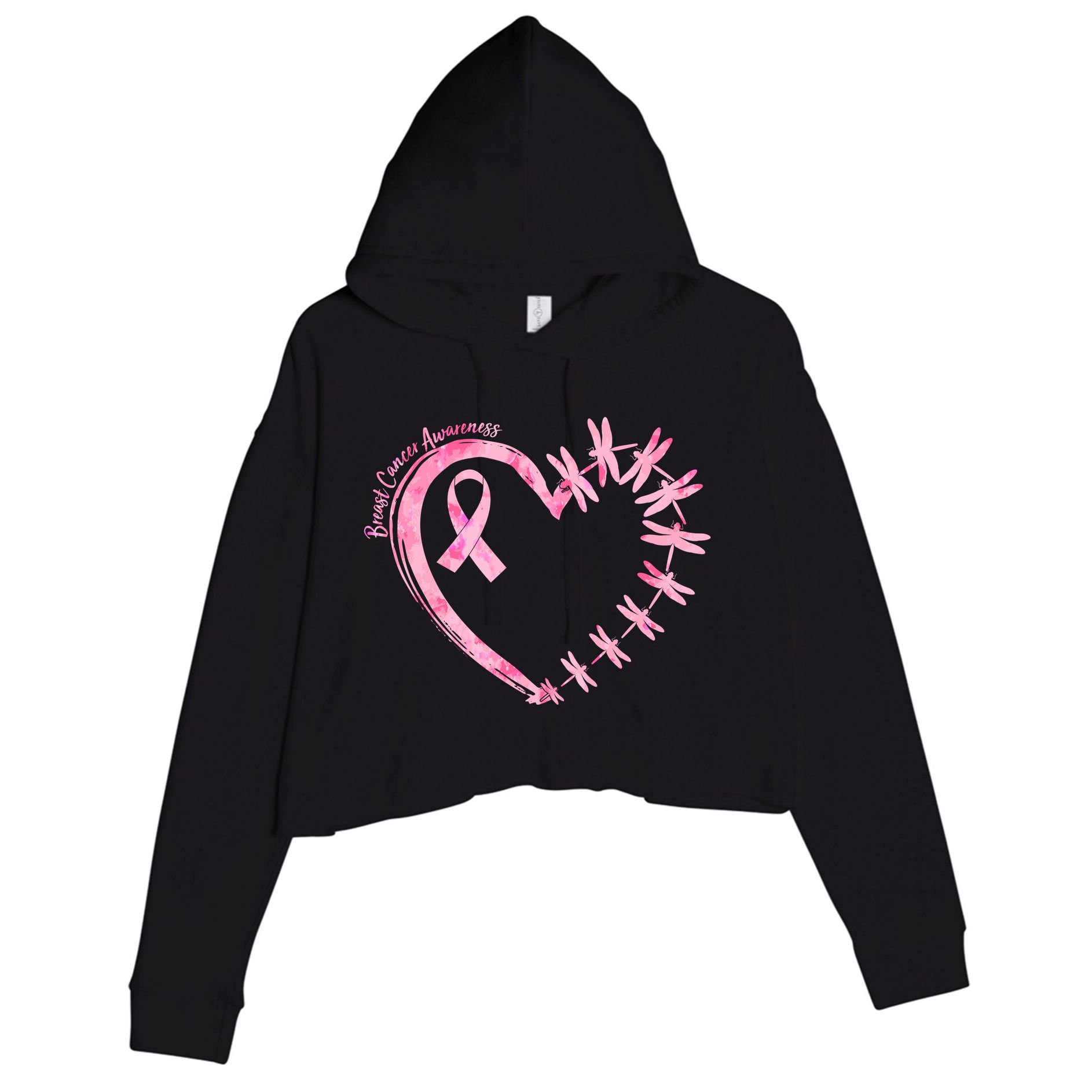 Cute Breast Cancer Awareness Dragonfly Heart Crop Fleece Hoodie