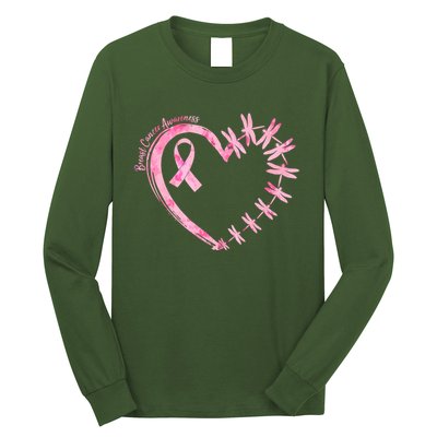 Cute Breast Cancer Awareness Dragonfly Heart Long Sleeve Shirt