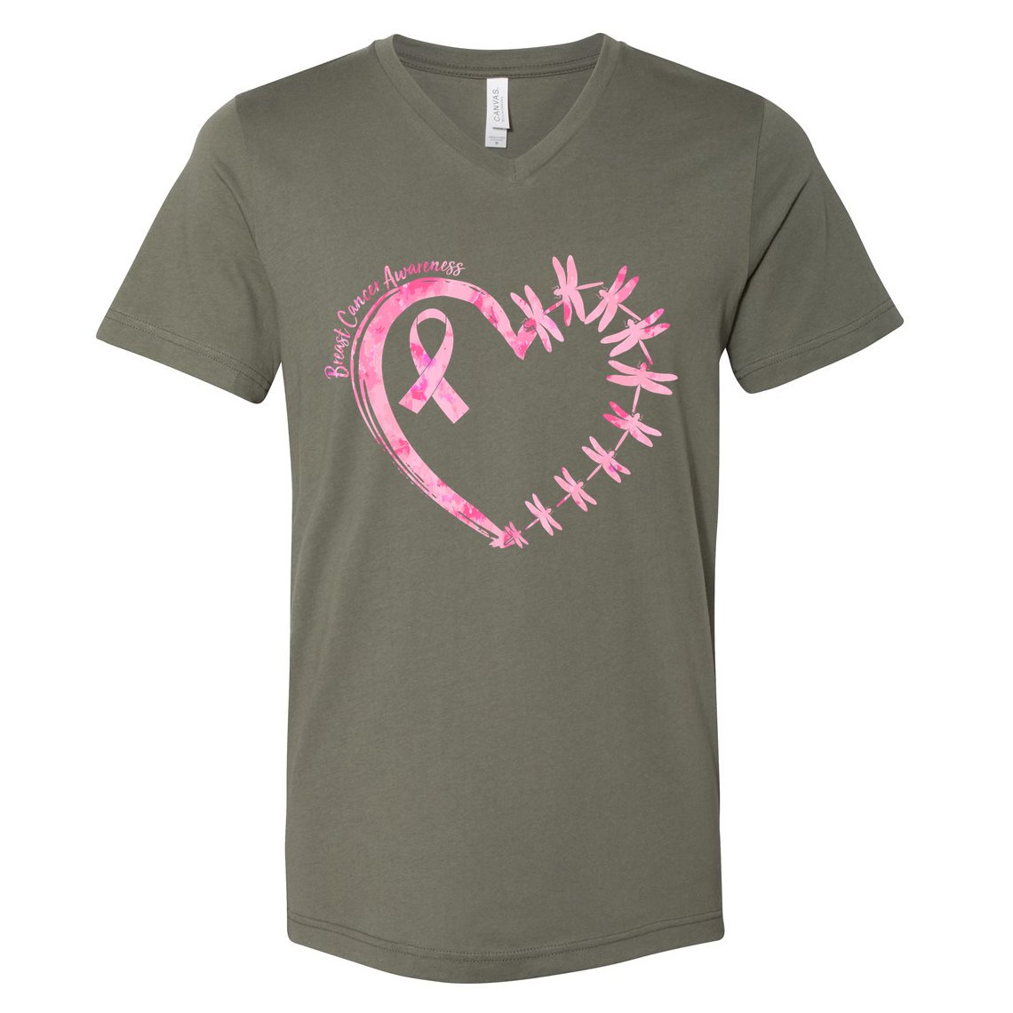 Cute Breast Cancer Awareness Dragonfly Heart V-Neck T-Shirt