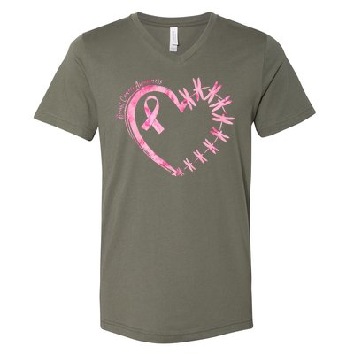 Cute Breast Cancer Awareness Dragonfly Heart V-Neck T-Shirt