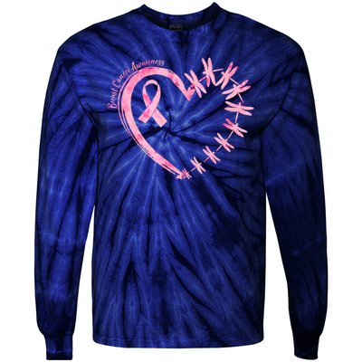 Cute Breast Cancer Awareness Dragonfly Heart Tie-Dye Long Sleeve Shirt