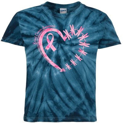 Cute Breast Cancer Awareness Dragonfly Heart Kids Tie-Dye T-Shirt