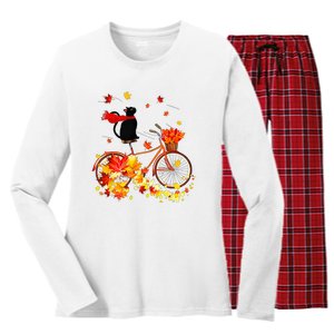 Cute Black Cat Fall Bicycle Autumn Halloween Women's Long Sleeve Flannel Pajama Set 