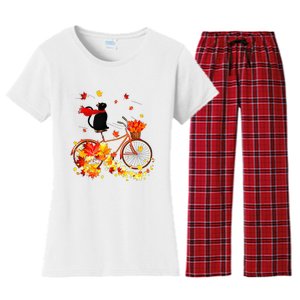 Cute Black Cat Fall Bicycle Autumn Halloween Women's Flannel Pajama Set