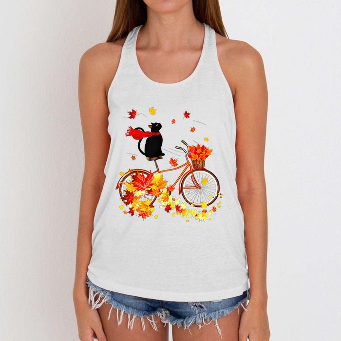 Cute Black Cat Fall Bicycle Autumn Halloween Women's Knotted Racerback Tank