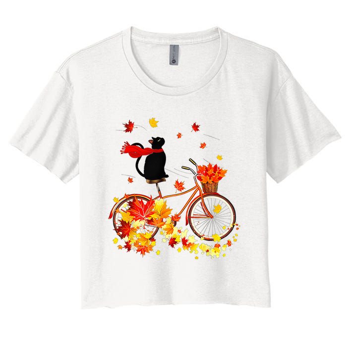 Cute Black Cat Fall Bicycle Autumn Halloween Women's Crop Top Tee