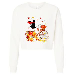 Cute Black Cat Fall Bicycle Autumn Halloween Cropped Pullover Crew