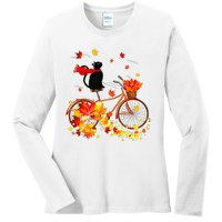 Cute Black Cat Fall Bicycle Autumn Halloween Ladies Long Sleeve Shirt