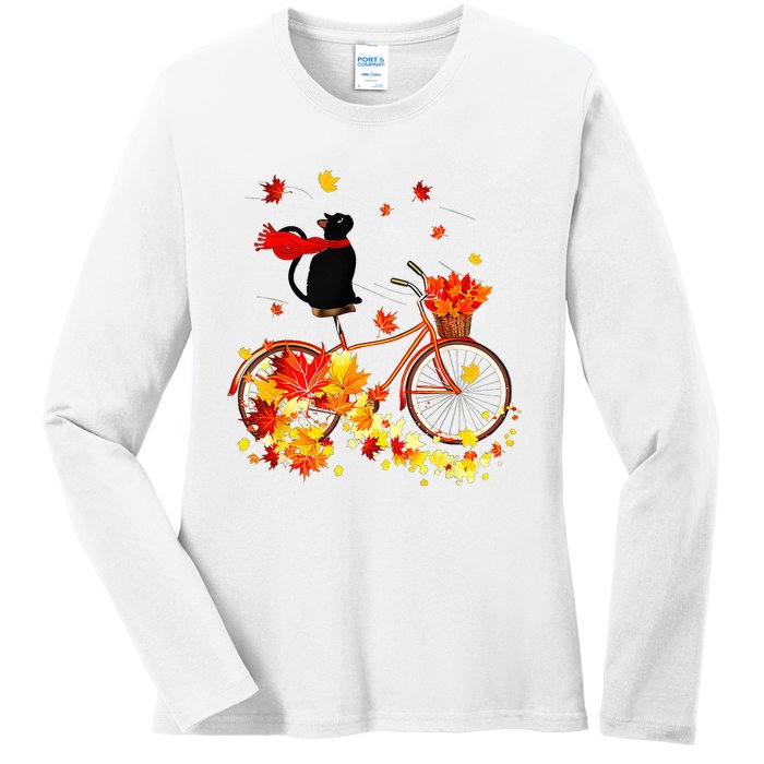 Cute Black Cat Fall Bicycle Autumn Halloween Ladies Long Sleeve Shirt