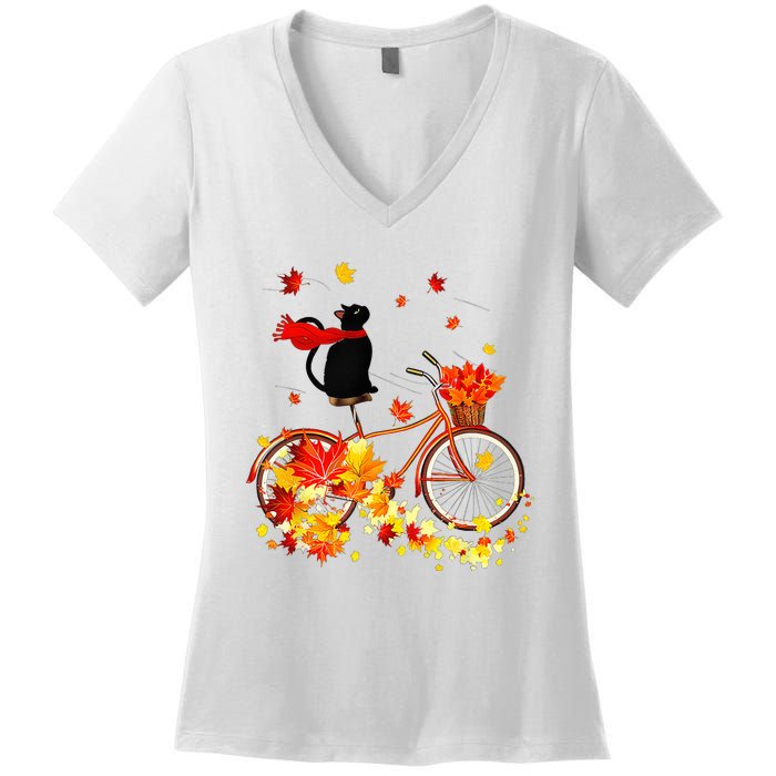 Cute Black Cat Fall Bicycle Autumn Halloween Women's V-Neck T-Shirt