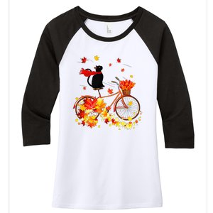 Cute Black Cat Fall Bicycle Autumn Halloween Women's Tri-Blend 3/4-Sleeve Raglan Shirt