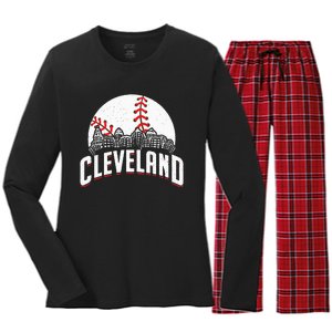 Cleveland Baseball Cityscape Skyline Retro Fan Women's Long Sleeve Flannel Pajama Set 