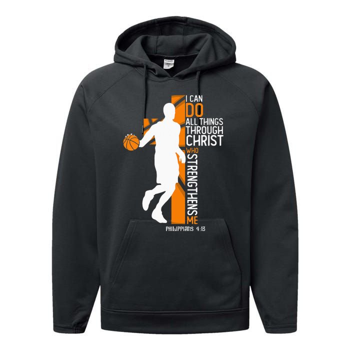 Christian Basketball Cross I Can Do All Things Through Jesus Performance Fleece Hoodie