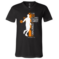 Christian Basketball Cross I Can Do All Things Through Jesus V-Neck T-Shirt