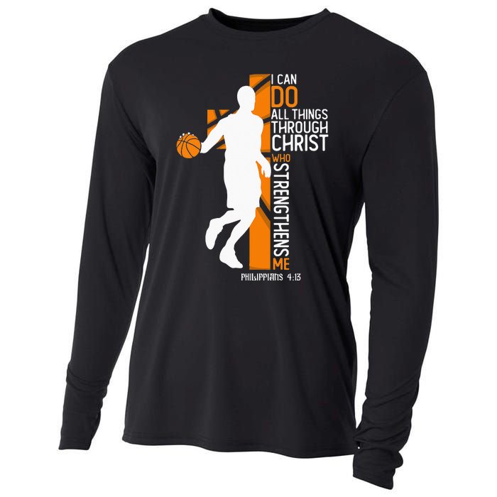 Christian Basketball Cross I Can Do All Things Through Jesus Cooling Performance Long Sleeve Crew