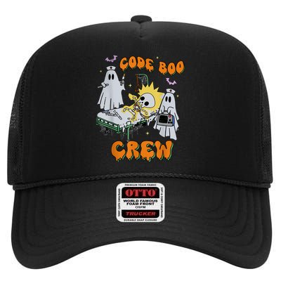 Code Boo Crew Funny Ghost Nurse Halloween Costume Nursing High Crown Mesh Back Trucker Hat