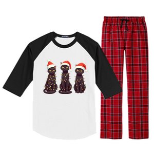 Cute Black Cat Santa Christmas Lights Cat Kitty Pajamas Xmas Cool Gift Raglan Sleeve Pajama Set