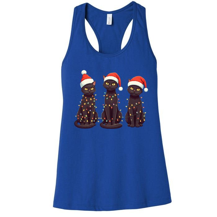 Cute Black Cat Santa Christmas Lights Cat Kitty Pajamas Xmas Cool Gift Women's Racerback Tank