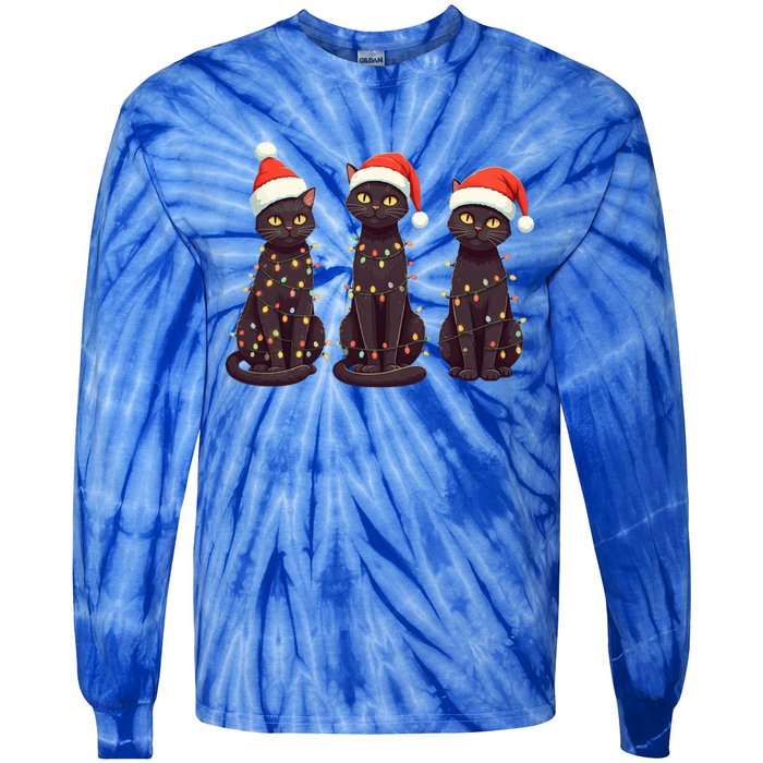 Cute Black Cat Santa Christmas Lights Cat Kitty Pajamas Xmas Cool Gift Tie-Dye Long Sleeve Shirt