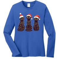 Cute Black Cat Santa Christmas Lights Cat Kitty Pajamas Xmas Cool Gift Ladies Long Sleeve Shirt